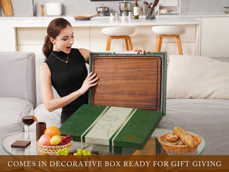 AZRHOM Walnut Wood Cutting Board, 20x15in X Large Wooden Chopping Boards with Deep Juice Groove and Side Handle, Thick Butcher Block for Kitchen Meat Cheese Gift for Wife Mom Gift Box - Image 3